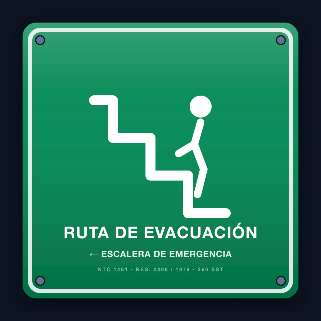 Señal ruta de evacuación muñeco escalera flecha izquierda